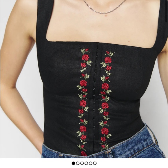 Reformation Tops - Embroidered Black Top with Red Floral Design